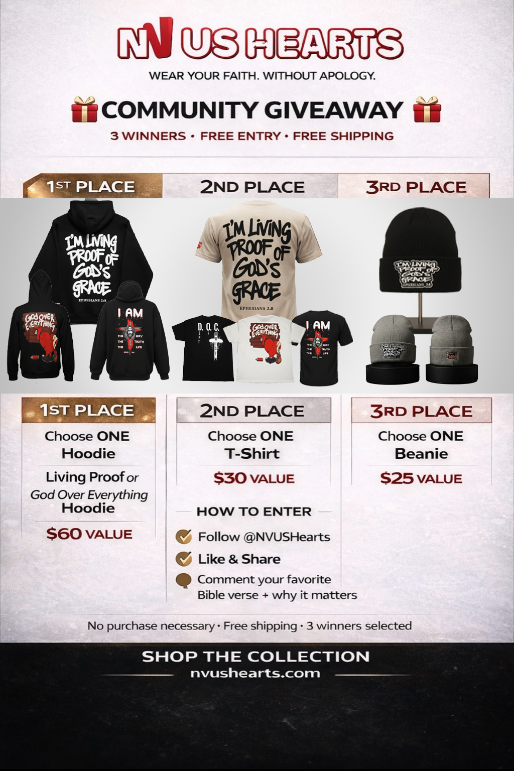 NVUS Hearts Community Giveaway - 3 winners, free entry, free shipping. 1st place: hoodie ($60 value), 2nd place: t-shirt ($30 value), 3rd place: beanie ($25 value). How to enter: Follow @NVUSHearts, Like & Share, Comment your favorite Bible verse and why it matters.