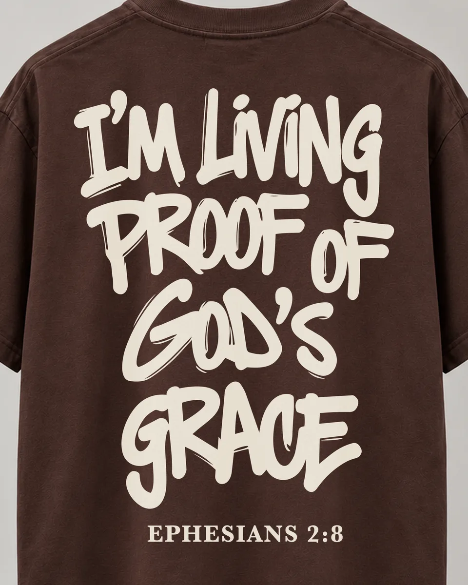 The brown Living Proof Heavyweight Tee, back print