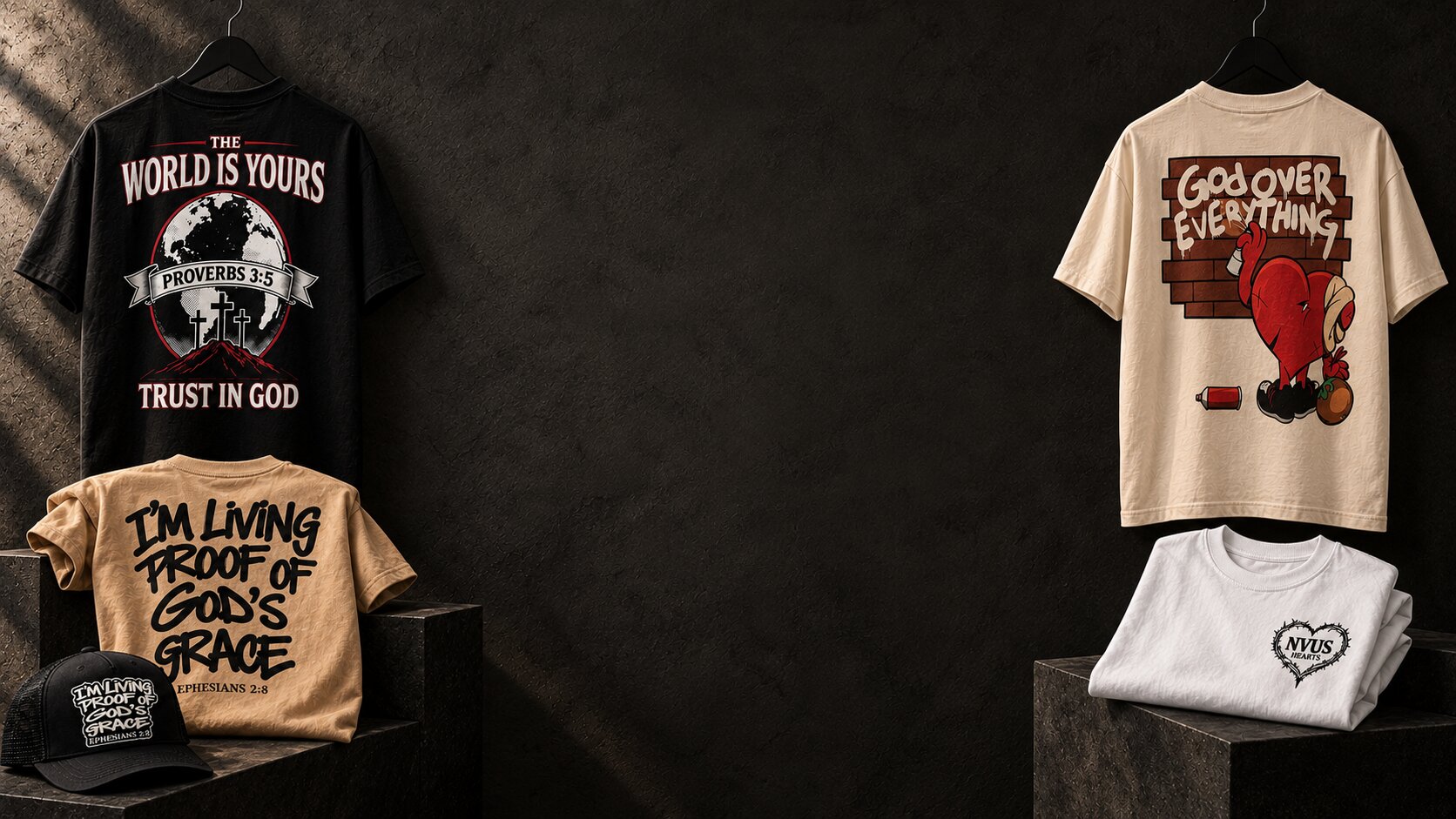 NVUS Hearts tees on dark stone: The World Is Yours, Living Proof and God Over Everything back prints, and the white thorn heart logo tee