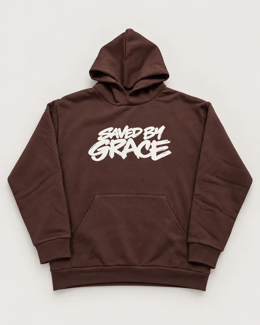 The chocolate Living Proof Hoodie laid flat, chest print