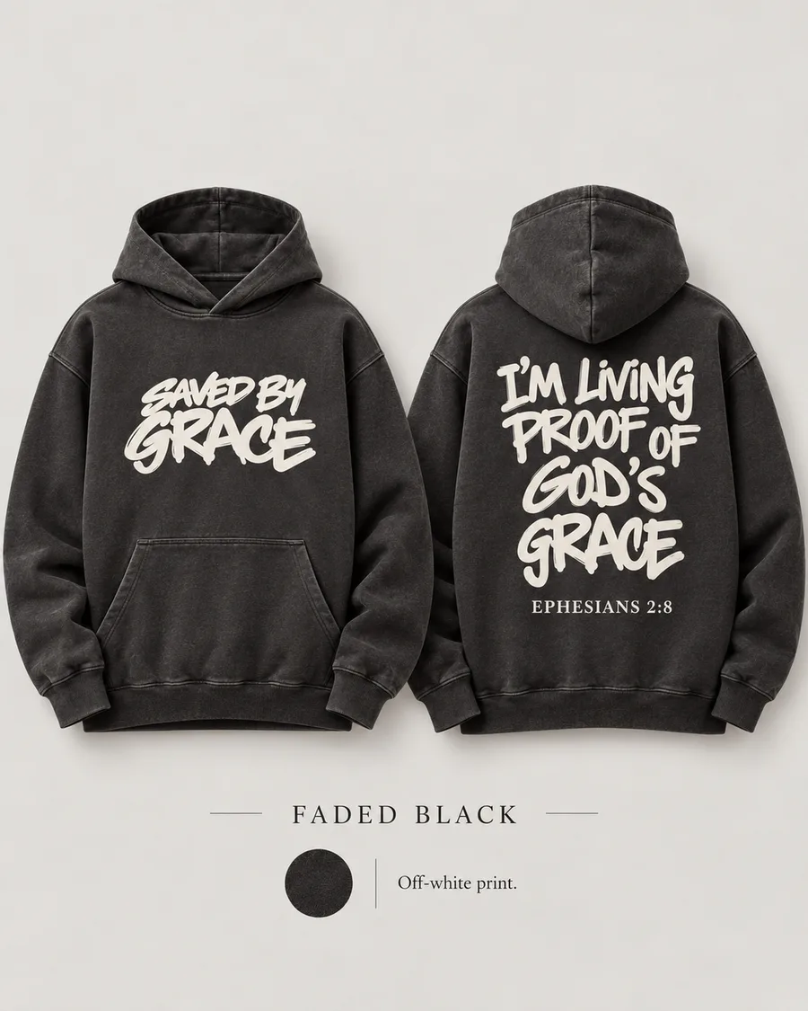 The faded black Living Proof Hoodie, front and back side by side
