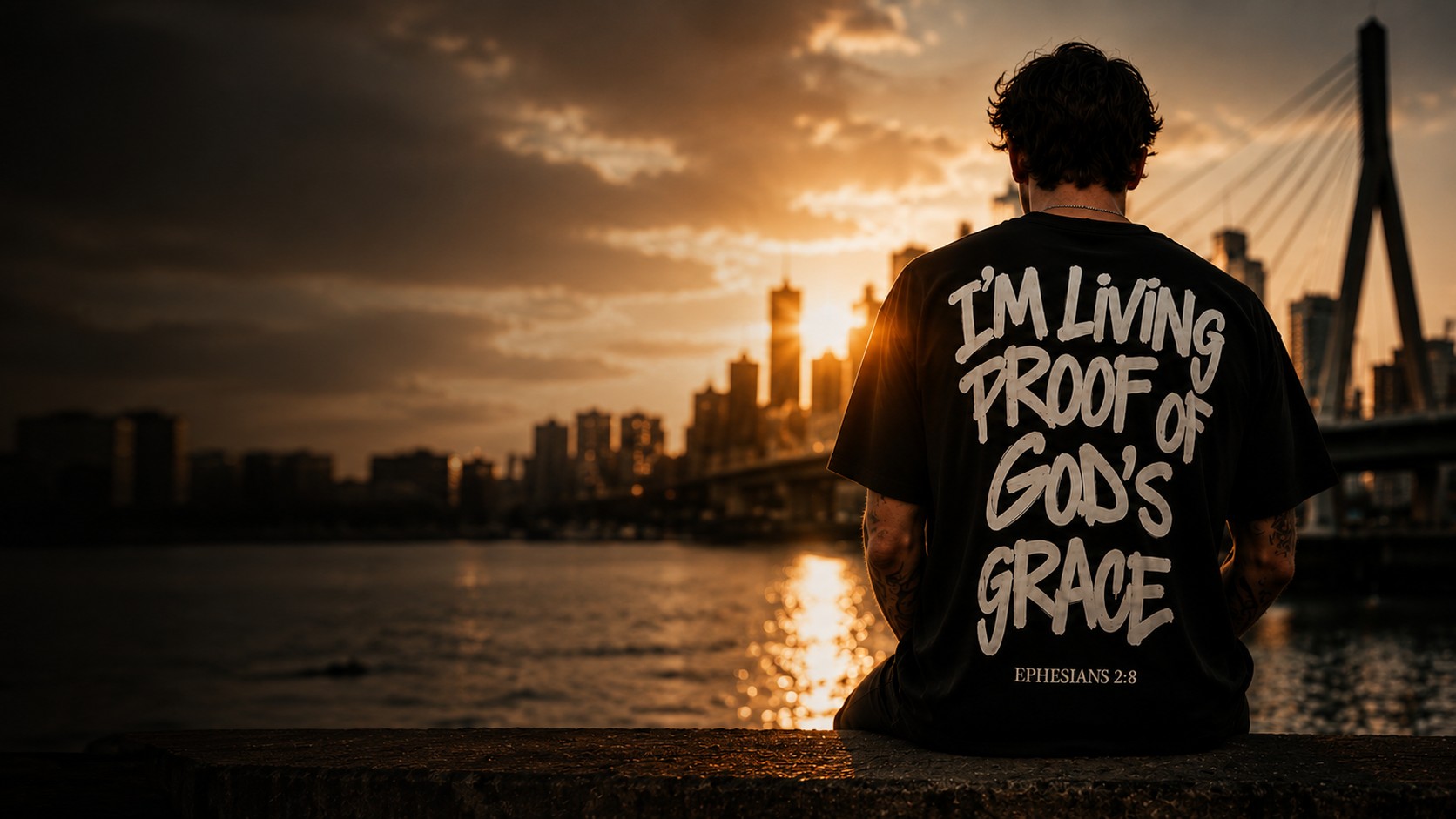 Man at sunset in the city, back to camera, wearing the black I'm Living Proof of God's Grace tee, Ephesians 2:8