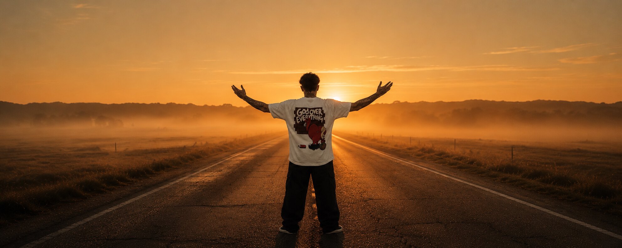 NVUS HEARTS — arms-raised silhouette at sunrise on an open road, wearing the God Over Everything tee
