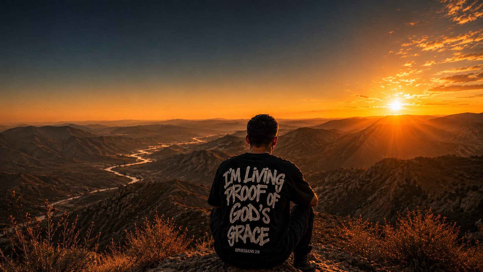 NVUS Hearts — Living Proof of God's Grace tee, sunrise overlook with valley below, Ephesians 2:8